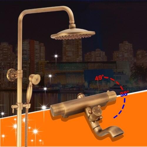 Temperature Control Brass Antique Dual Handles Thermostatic Shower Faucet Bathroom 8" Rainfall Shower Panel