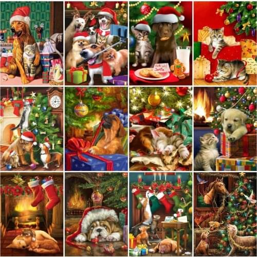 AZQSD Full Square Diamond Painting Dog Christmas Cross Stitch Rhinestones Diamond Embroidery Animal Mosaic Handmade Home Decor