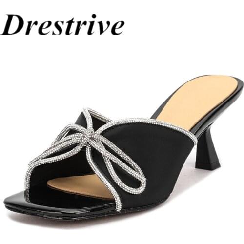 Drestrive Satin 2021 Summer Fashion Women Sandals Square Toe Crystal Butterfly Knot Thin High Heel Shoes Beige Slippers