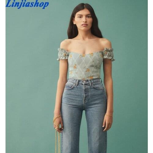 Elegant Off Shoulder Women Tank Top Vintage Green Floral Print Elastic Sexy Camis Casual Women Summer Top