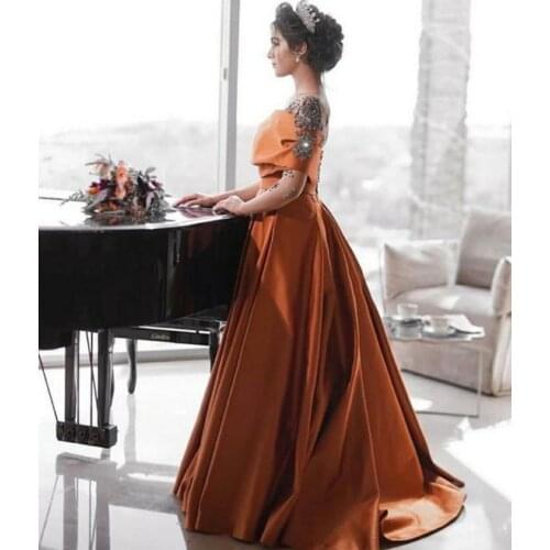 Elegant Long A-Line One Shoulder Beaded Evening Dresses with Pockets Floor Length Muslim Satin Formal Prom Party Dress for Women