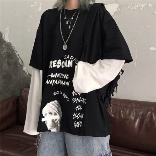 Korean Harajuku Black White Striped Hip Hop T-shirts Men Women Autumn Cotton Fake Two Piece Long Sleeve Loose Tshirt Female