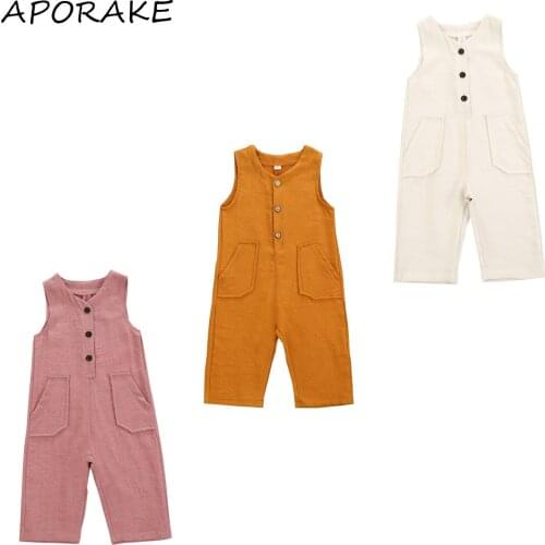 2021 0-3Y Toddler Baby Girl Boy Corduroy Romper Button Solid Color Sleeveless Pockets One Piece Summer Jumpsuit Playsuit