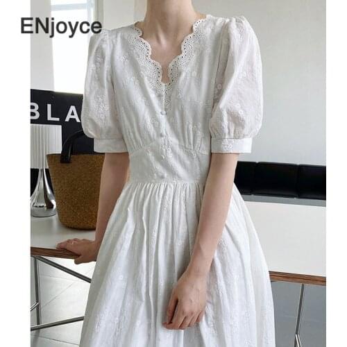 Summer White V-neck Lace Dress Women French Elegant Puff Sleeve Fairy Long Skirt Ladies A-line Kawaii Beach Casual Dresses
