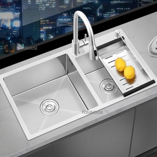 Household Kitchen Sink Double Trough 304 Stainless Steel Integrated Thickened Under Platform Sink Home Improvement Faucet Set