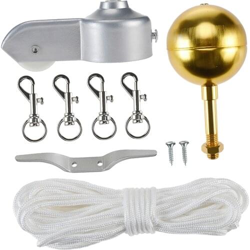 Outdoor Flagpole Hardware Repair Kit 3" Topper Gold Ball 4pc Flag Clip Hooks Flagpole Pulley Truck
