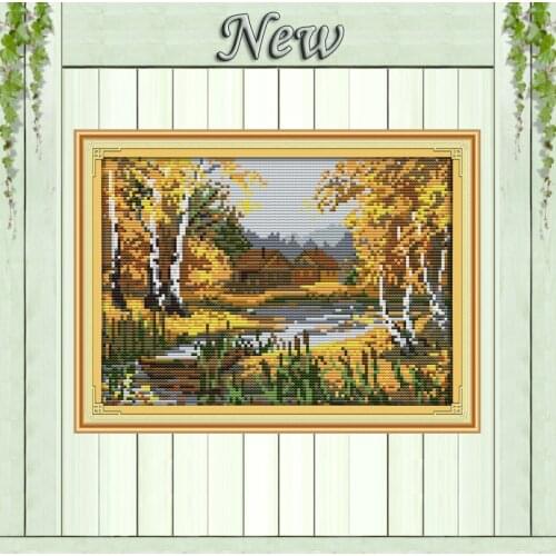 Birches stream Scenery,11CT printing on canvas DMC 14CT Cross Stitch kit,all embroidery needlework Sets,autumn Scenic Home Decor