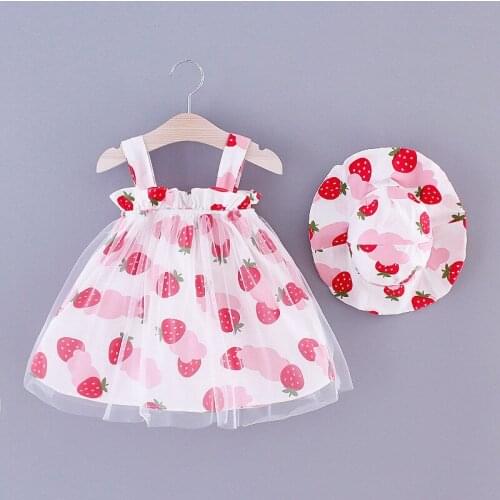 New 2020 Baby Girls Summer Dresses Todder Clothes Sleeveless Strawberry Party Princess Knee-length Dress +Sun Hat 2PCS Set 0-3Y