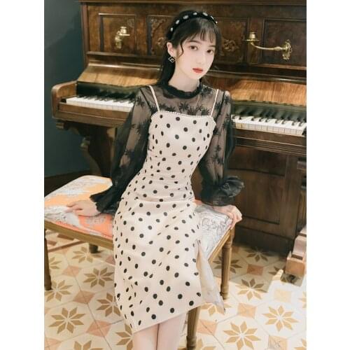 2020 new fashion womens clothing autumn Vintage Dot Sleeveless Spaghetti Strap Above Knee, Mini Dresses