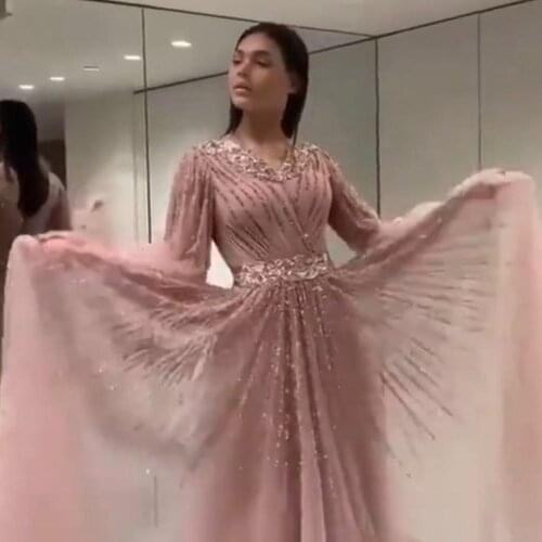 Crystal prom dresses 2020 deep v neck beaded sequins a line long sleeve formal dresses evening dresses gowns