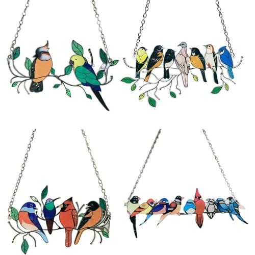 Color Bird Species Stained on Wire Pendant Window Hanging Sun Decor Acrylic Birds Ornaments Courtyard Hanging Decor Wind Chime