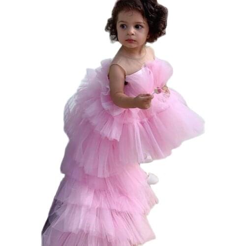 Rose Tulle Princess Puffy Flower Girl Dresses Baby Wedding Party High-Low Kid Brithday Dress First Communion Gown