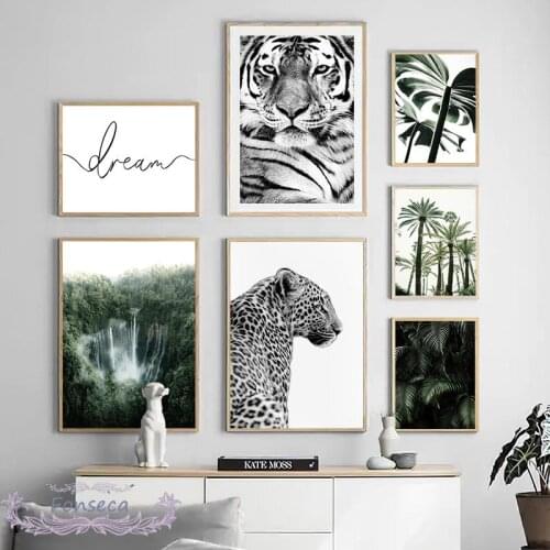 Nordic Tiger Leopard Poster Nature Green Forest Landscape Waterfall Palm Leaf Canvas Painting Wall Art Print Picture Home Decor