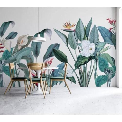 Nordic hand painted small fresh medieval tropical plants flowers and birds background murals