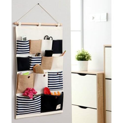 13 Pocket Wall Hanging Organizer Bag Striped Linen Multi-Layer Holder Practical Storage Bag Rack Makeup Storage Box Basket
