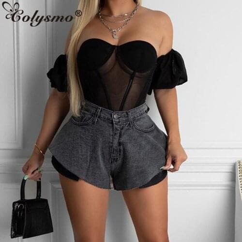 Colysmo Boned Bustier Tops Women Sexy Off Shoulder Backless Blusas See Through Mesh Corset Summer Black Boning Padded Blousees