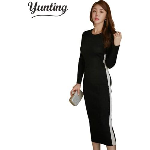 Knitting Midi Dress 2021 Warm Women Knitted Mid-calf O-neck Dresses Package Hip Sheath Bodycon Dress