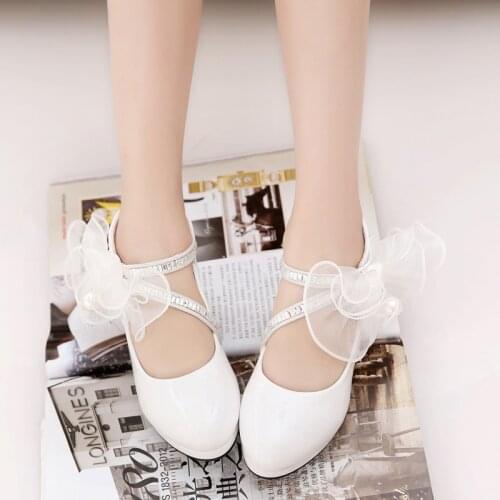 Children Shoes Girls Pump High Heeled Flower Pearl Girls Party Wedding Shoes Platform Princess Kids Dress Shoes White TX467