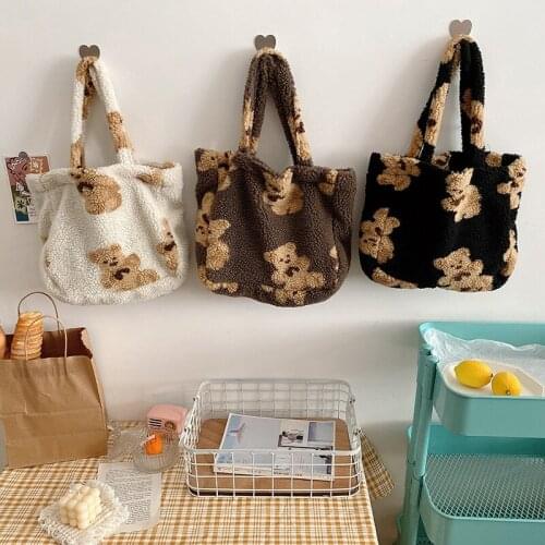 Yeqofcd Womans Handbag Student Shoulder Bag Retro Cute Soft Ladies Plush Bear Girl Casual Tote Bags 2021 New