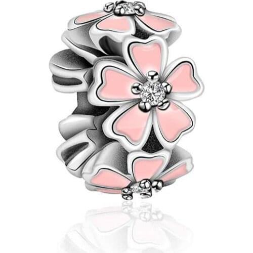 2019 NEW 100% 925 Sterling Silver Temperament Pink Flowers Spacer Suitable DIY Bracelet Women Jewelry Gift E1001-E1020