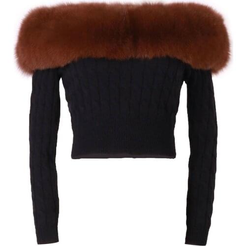 YOLOAgain Women Real Fox Fur Slash Neck Short Sweater Pullover