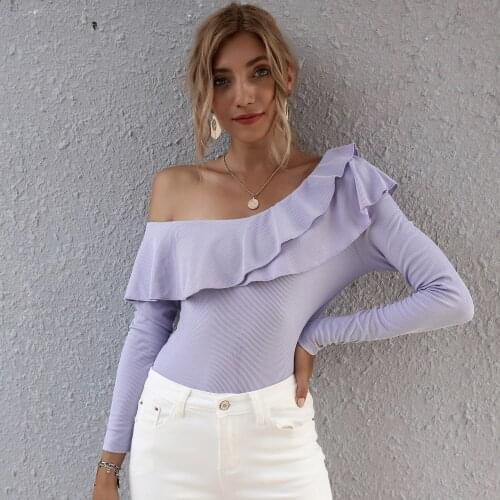 New Autumn Winter Womens Inclined Shoulder Irregular Slim Top Long Sleeve Inclined Collar Vertical Pattern Casual Top