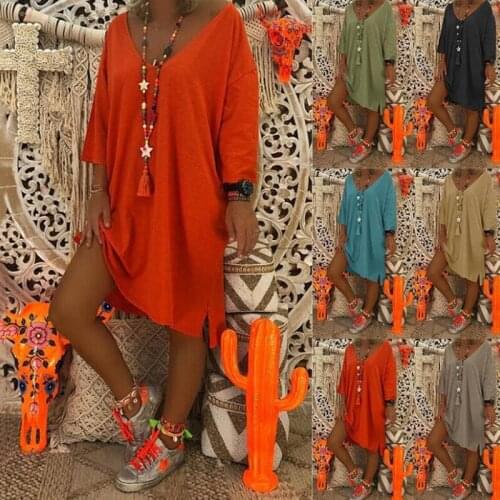 New Hot Selling Sexy Cotton Seven Sleeve V-neck Irregular Solid Loose Short Dress Beach 4xl 5xl A-LINE Knee-Length Summer Dress