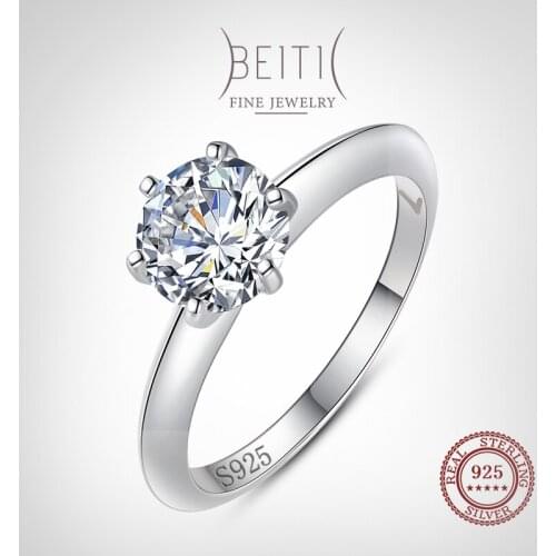 Beitil Real 925 Sterling Silver Round Exquisite Sparkling Zircon Finger Ring For Women Classic Wedding Statement Jewelry