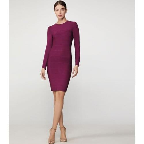 Free Shipping Wholesale Womens Dress High Quality Purple Long Sleeve Fashion Casual Celebrity Cocktail Party Bandage Dress