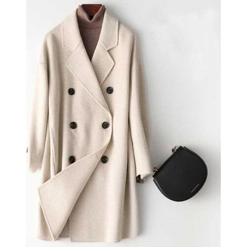 2019 Women Woolen Coat Elegant Turn Down Collar Woolen Coat Drouble Button Design Autumn Warm Coat Casaco Feminino