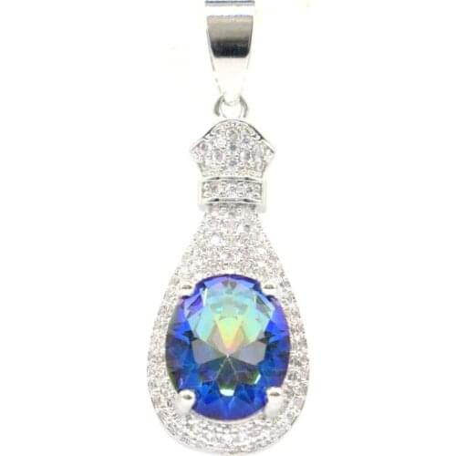 39x13mm SheCrown Created Fire Rainbow Topaz Golden Citrine CZ Womans Jewelry Silver Pendant