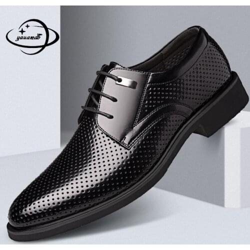 37-46 Mens Dress Shoes Spring Summer Plus Size Pointed Toe Lace-Up Genuine Leather Breathable Male Leather Footwear Hy70