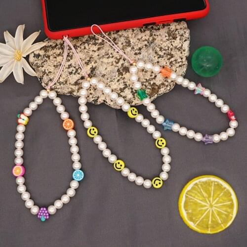 Fashion Pearl Bead Mobile Phone Chain Charm Boho Phone Strap Lanyard Smile Flower Fruit Wrist Chain bohemian Keychain Pendant