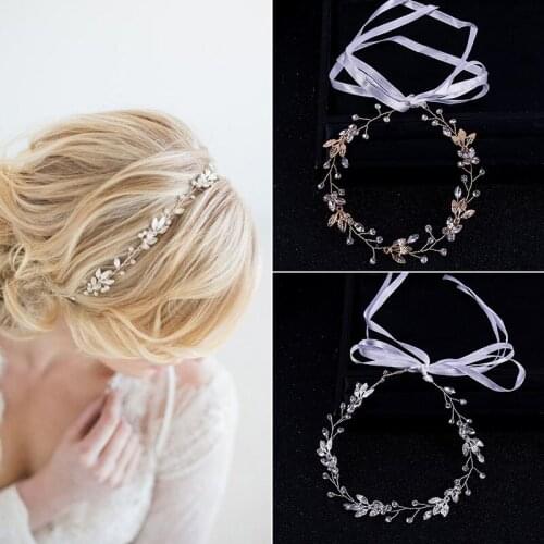 FORSEVEN Women Girl Bridal Bride Noiva Wedding Party Gold Color Crystal Leaf Hairband Headband Ribbon Hair Jewelry Accessories