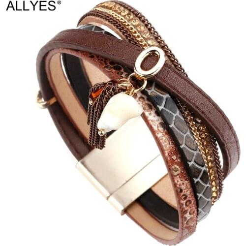 ALLYES Leather Bracelets For Women Tassel Charm Bohemian Ladies Multilayer Wide Wrap Bracelet Femme Vintage Party Jewelry