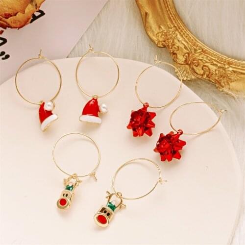 3PCS Christmas Earrings for Women Red Hat Elk Gold Color Hoop Earrings Set Fashion Holiday Accessories Girls Gift Trend New 2020