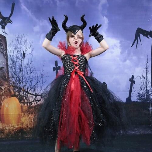New Kids Vampires Queen Halloween Costume Girls Tutu Dress with Horns and Gloves Fancy Dress Up Ball Gown Carnival Party Dresses
