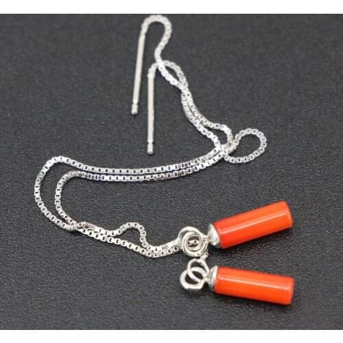 New Simple Punk Sterling Drop Earring Ear Jewelry Dangle Earrings Natural Coral 3x9mm Vintage Long Earing 4inch B3441