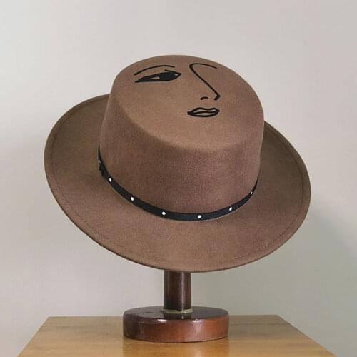 Autumn Winter Wool Fedora Hats For Women Mens Flat Top Hat Japan Pattern Decoration Retro Wide Brim Jazz Hat Wool Felt Hat