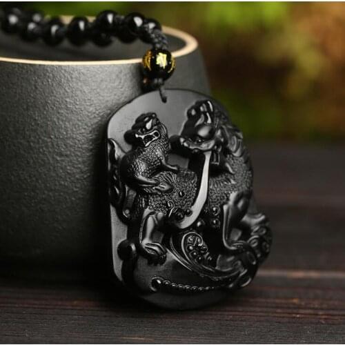 Aceptar el envío de la gota de obsidiana Natural colgante de Kirin collar de los hombres y las mujeres joyas de cristal collar d