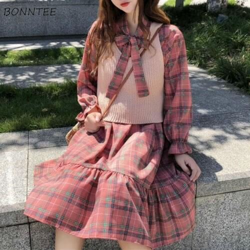 Long Sleeve Dress Women Korean Chic Red Plaid Sweet Bow Tie Fashion Ruffles Hem Elegant Femme Dresses Spring Girls Party Clothes