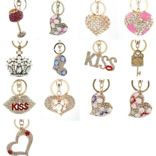 Kiss Crown Love Heart Handbag Flower Fashion Crystal Charm Purse Bag Car Key Keyring Keychain Delicate New Gift Accessories