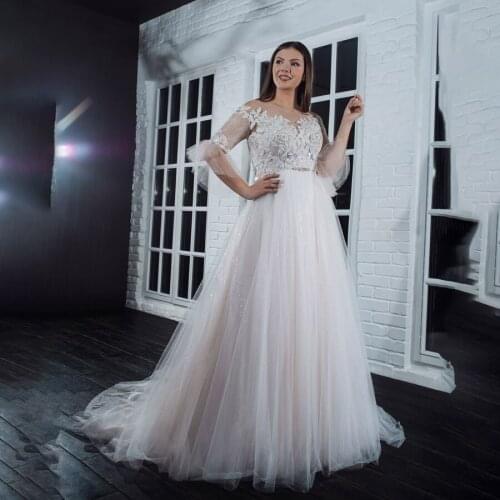 Scoop Neckline Sequins Shiny Inside Plus Size Wedding Dress with Sequin Lace Half Sleeves Bridal Dress vestido de noiva