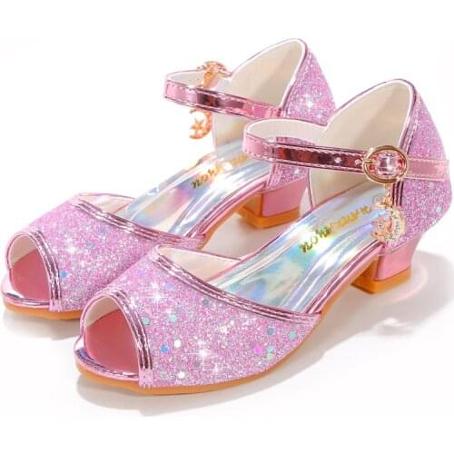 JY Children girls Bling Sequin Rhinestone Shoes High Heel 3cm Princess Fish Mouth Sandals 5colors 26-38 GZX03