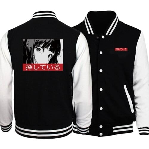 Sad Japanese Anime Aesthectic Baseball Men Jacket Jackets Coat 2019 Winter Autumn Fleece Black White Loose Sportswear Streetwear