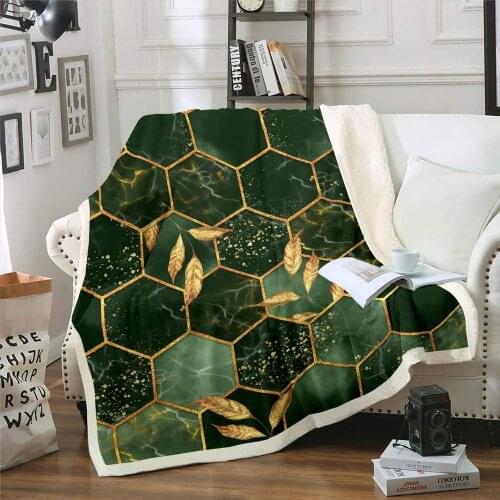 Green Regular Throw Blanket Leaf Geometry Luxury Cozy Fleece Blanket Warm Super Soft Comfort Caring Hexagon Golden Leaves