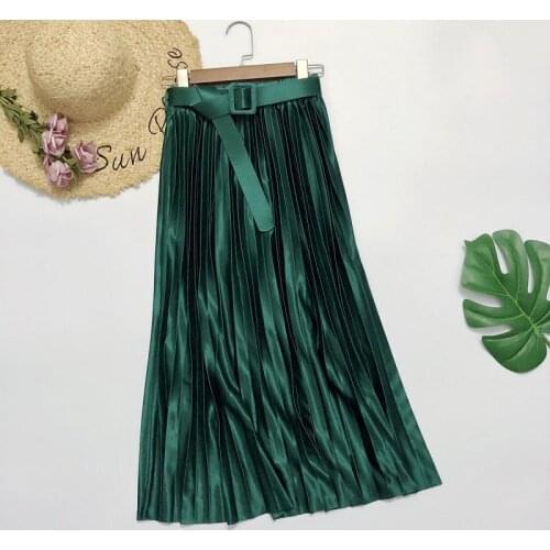 2020 Autumn New Korean Women High-waisted Satin Belt Pleated Skirt Casual Simple Solid Color A-line Long Skirt Free shipping