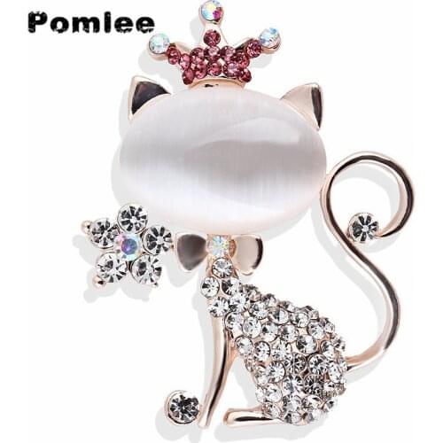 Pomlee Luxury Crown Cat Brooch Inlaid Animal Women Accessories Korean Fashion Alloy Blouse Medicale Femme Broches Para Ropa