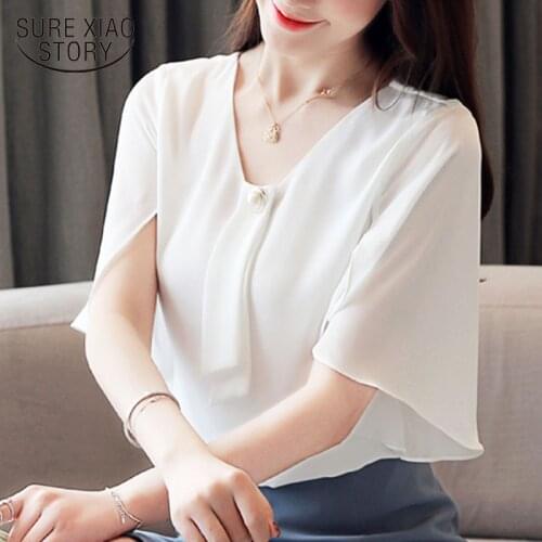 Fashion women tops and blouses 2021 ladies tops chiffon blouse shirts harajuku white shirts short sleeve blouse beading 3978 50