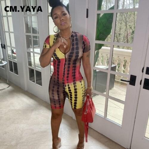 CM.YAYA Women Playsuit Print Zip O-neck Short Sleeve Elastic Bodycon Playsuits Casual One Piece Set Tracksuit Fashion Outfit